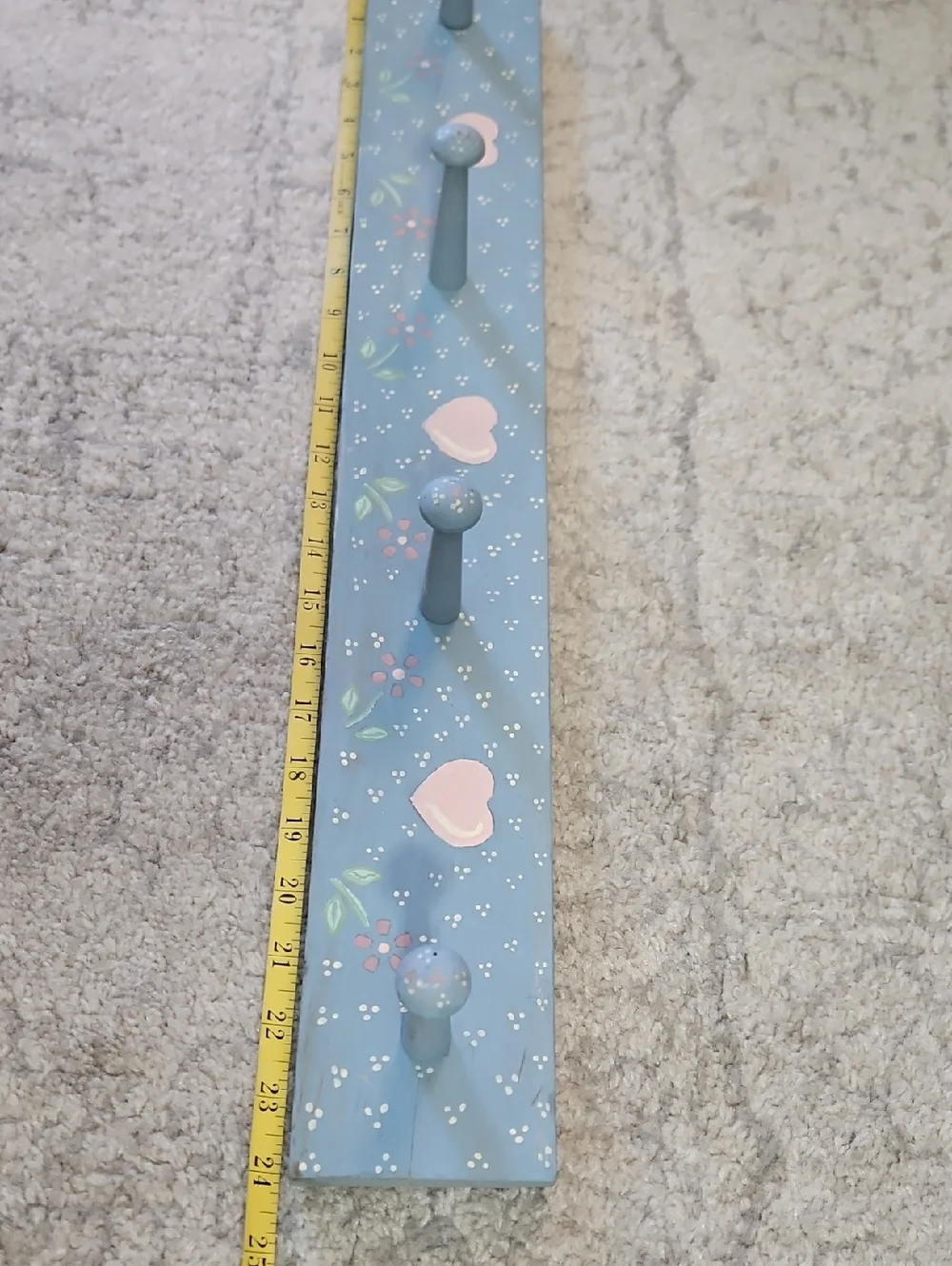 Hand Crafted Blue and Pink Wooden Heart Wall Peg Hook Rack